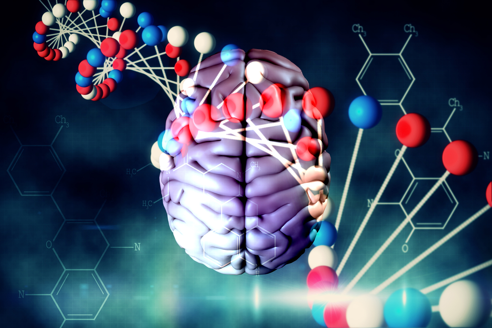 brain against blue dna strand with chemical structures